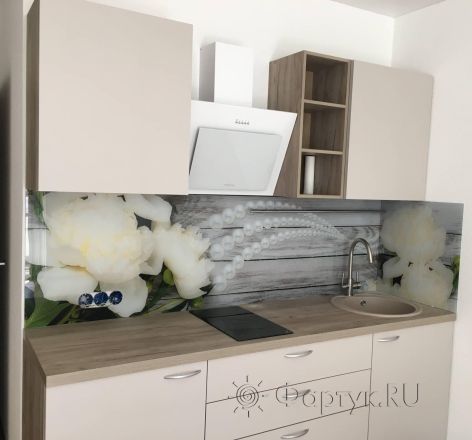 Фартук с фотопечатью фото: белоснежные пионы и жемчуг, заказ #КРУТ-2699, Коричневая кухня.