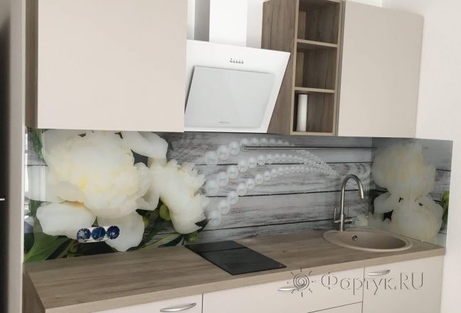 Фартук с фотопечатью фото: белоснежные пионы и жемчуг, заказ #КРУТ-2699, Коричневая кухня. Изображение 278146