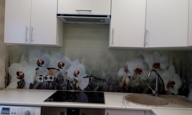 Фартук для кухни фото: белые орхидеи, заказ #ИНУТ-336, Белая кухня.