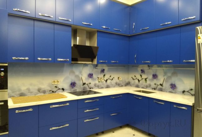 Стеклянная фото панель: белые орхидеи, заказ #ИНУТ-7748, Синяя кухня. Изображение 198404