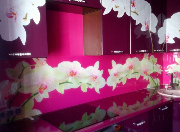 Фартук фото: белые орхидеи на розовом фоне, заказ #SK-130, Фиолетовая кухня.