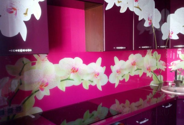 Фартук фото: белые орхидеи на розовом фоне, заказ #SK-130, Фиолетовая кухня.