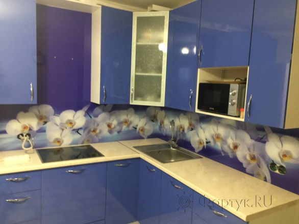 Стеклянная фото панель: белые орхидеи на синем фоне, заказ #КРУТ-1898, Синяя кухня.