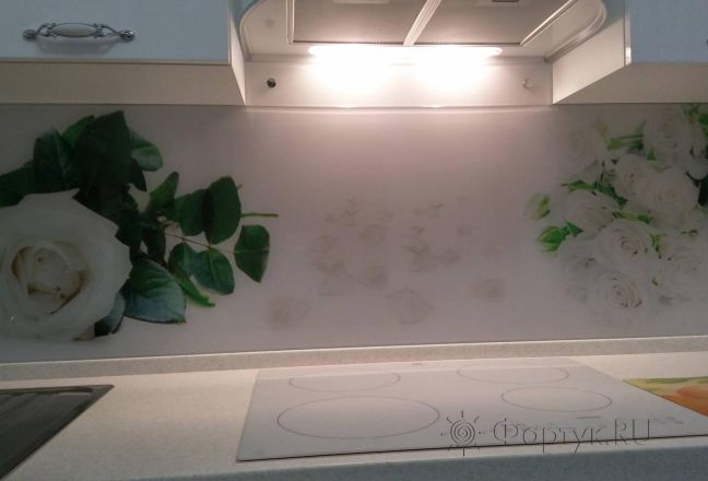 Фартук для кухни фото: белые розы, заказ #ИНУТ-7, Белая кухня. Изображение 112644
