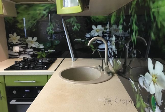 Скинали для кухни фото: белые цветы на камнях у воды, заказ #КРУТ-2132, Зеленая кухня. Изображение 248854