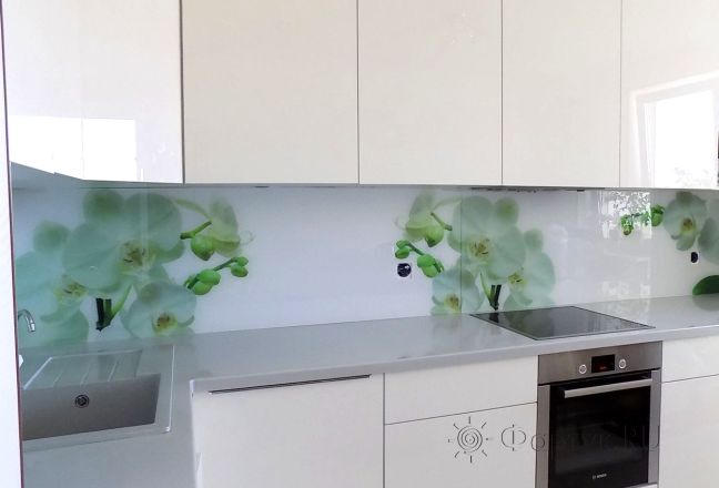 Фартук для кухни фото: белые ветки орхидеи, заказ #УТ-632, Белая кухня. Изображение 131946