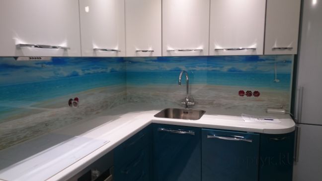Стеклянная фото панель: берег, заказ #УТ-1572, Синяя кухня.