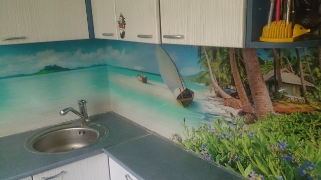 Фартук для кухни фото: берег моря, заказ #УТ-1012, Белая кухня.