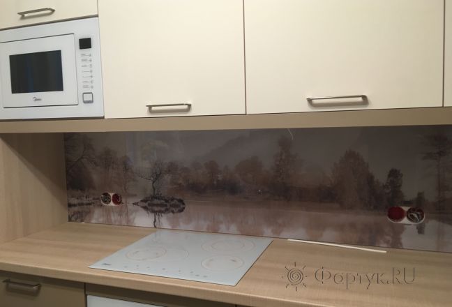 Фартук для кухни фото: берег озера в тумане, заказ #КРУТ-490, Белая кухня. Изображение 200888