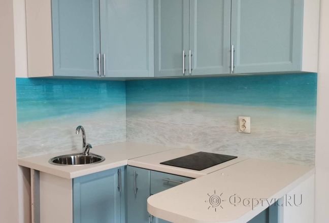 Стеклянная фото панель: берег у моря, заказ #ИНУТ-12537, Синяя кухня.