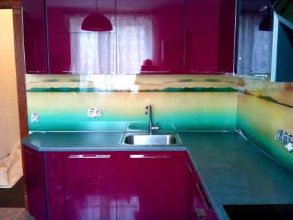 Фартук фото: бирюзовое море., заказ #S-404, Фиолетовая кухня.
