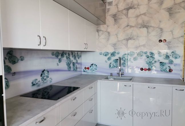 Фартук для кухни фото: бриллианты на белом фоне с фиолетовыми волнами , заказ #ИНУТ-10484, Белая кухня. Изображение 299612