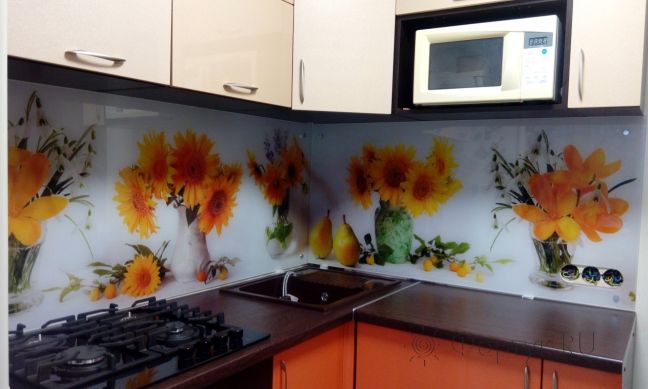 Фартук стекло фото: букеты цветов, заказ #ГМ-008, Оранжевая кухня.