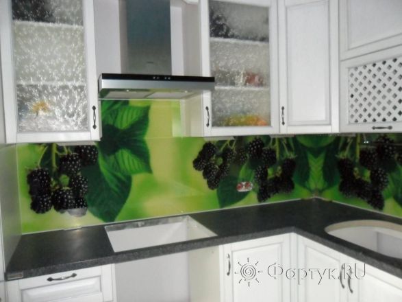 Фартук для кухни фото: черника на зеленом фоне., заказ #SN-336, Белая кухня.