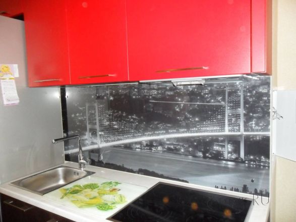 Скинали фото: черно-белая панорама моста., заказ #УТ-092, Красная кухня.