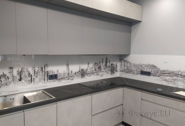 Стеновая панель фото: черно-белый рисунок города, заказ #ИНУТ-14494, Серая кухня.