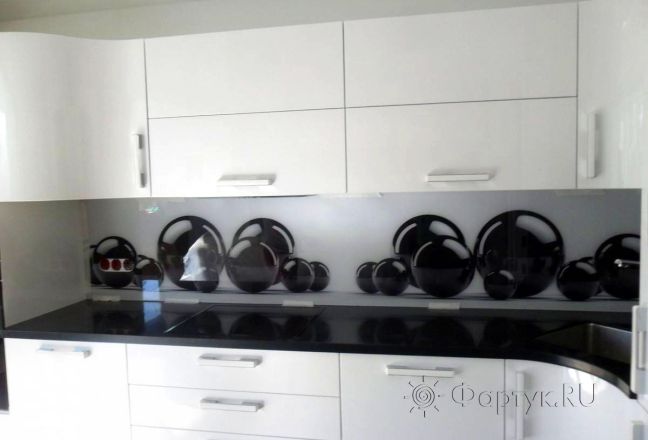 Фартук для кухни фото: черные 3d шары, заказ #SN-281, Белая кухня.