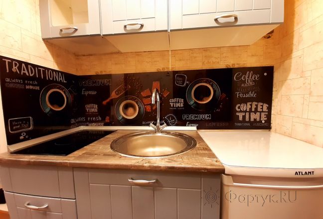 Стеклянная фото панель: черный кофе и молочный шоколад с орешками, заказ #ИНУТ-8535, Синяя кухня.