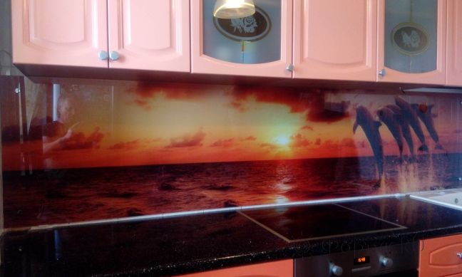 Фартук стекло фото: дельфины, заказ #ИНУТ-1306, Оранжевая кухня.