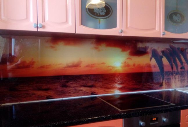 Фартук стекло фото: дельфины, заказ #ИНУТ-1306, Оранжевая кухня. Изображение 85306