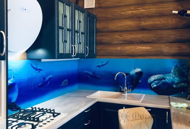 Стеклянная фото панель: дельфины, заказ #КРУТ-1529, Синяя кухня. Изображение 186228