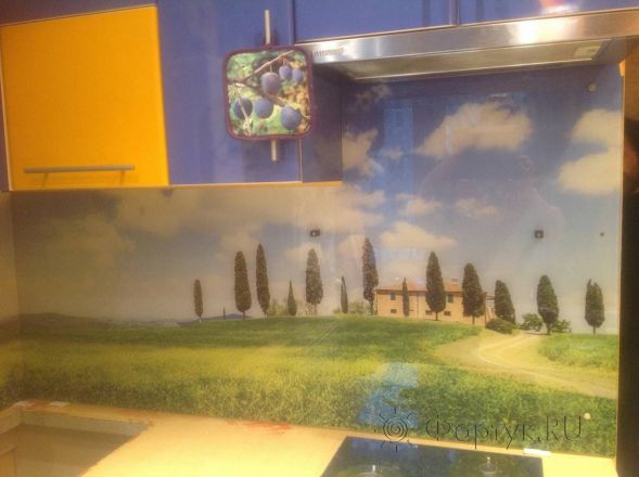 Стеклянная фото панель: дорога к домику на холме., заказ #SK-0108-3, Синяя кухня.