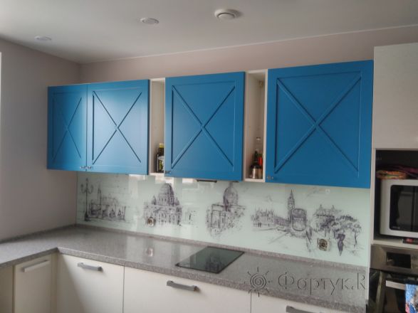 Стеклянная фото панель: достопримечательности, заказ #ИНУТ-385, Синяя кухня.