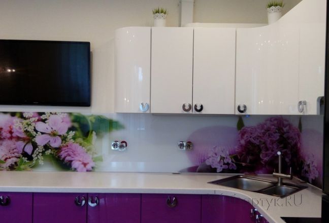 Фартук фото: фиолетовые крупные цветы, заказ #ГМУТ-293, Фиолетовая кухня.