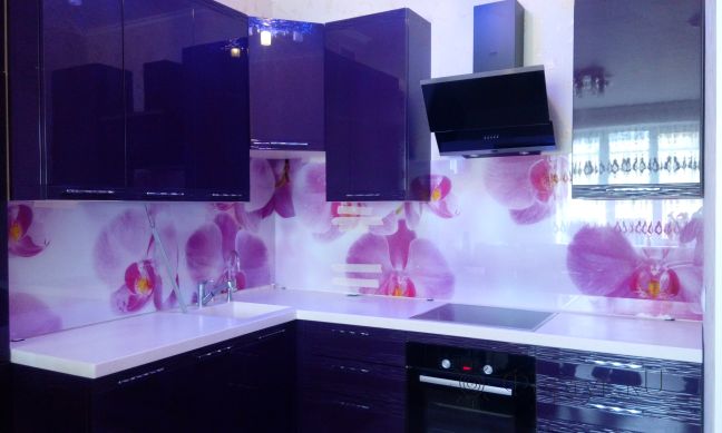 Фартук фото: фиолетовые орхидеи, заказ #ГМУТ-715, Фиолетовая кухня.