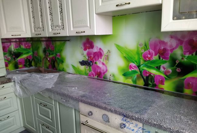 Скинали для кухни фото: фиолетовые орхидеи, заказ #ИНУТ-5520, Зеленая кухня. Изображение 278434