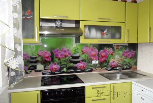 Скинали для кухни фото: фиолетовые орхидеи., заказ #SN-255, Зеленая кухня. Изображение 111306