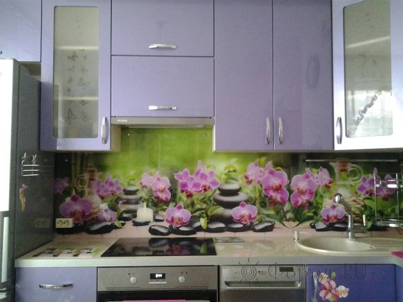 Фартук фото: фиолетовые орхидеи, камни спа., заказ #S-701, Фиолетовая кухня.