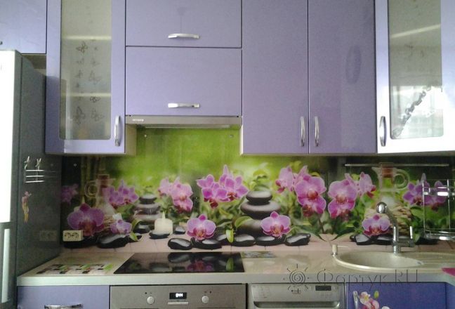 Фартук фото: фиолетовые орхидеи, камни спа., заказ #S-701, Фиолетовая кухня. Изображение 111306