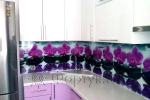 Фартук фото: фиолетовые орхидеи на камнях., заказ #S-434, Фиолетовая кухня.