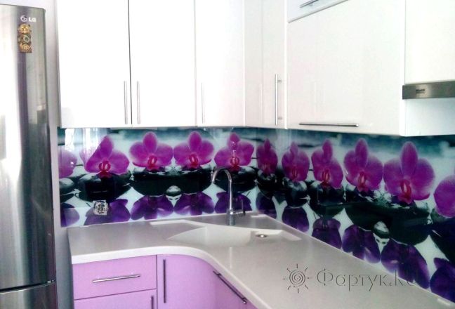 Фартук фото: фиолетовые орхидеи на камнях., заказ #S-434, Фиолетовая кухня. Изображение 111334