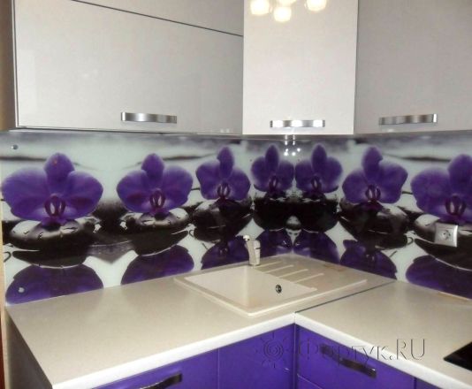 Фартук фото: фиолетовые орхидеи на камнях., заказ #S-1083, Фиолетовая кухня.