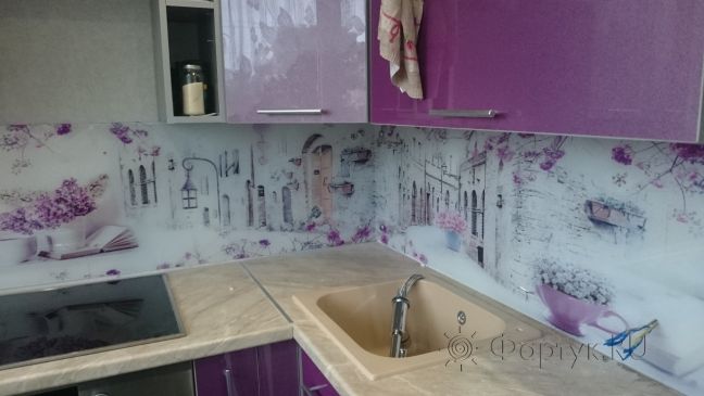 Фартук фото: фиолетовые цветы, заказ #КРУТ-180, Фиолетовая кухня.