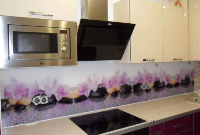Фартук фото: фиолетовые цветы на камнях., заказ #SN-325, Фиолетовая кухня. Изображение 111320