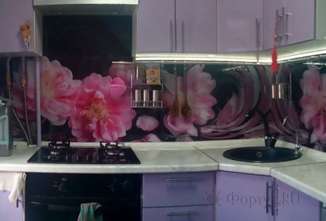 Фартук фото: фиолетовые цветы, вензеля, заказ #УТ-2150, Фиолетовая кухня. Изображение 87756