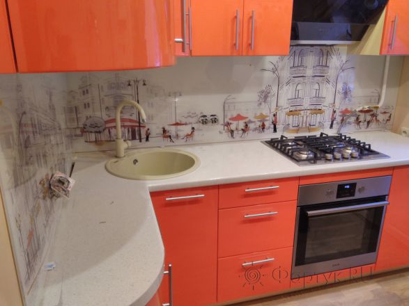 Фартук стекло фото: французкие улочки, заказ #ИНУТ-455, Оранжевая кухня.