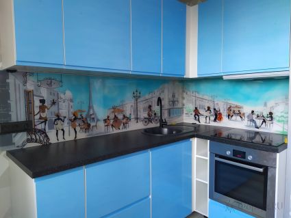 Стеклянная фото панель: (французкие улочки с голубым акварельным небом, заказ #ИНУТ-9467, Синяя кухня.