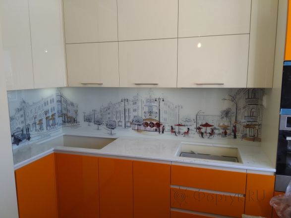 Фартук стекло фото: французские улочки, заказ #ИНУТ-950, Оранжевая кухня.