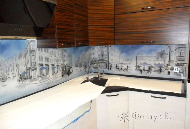 Фартук с фотопечатью фото: французские улочки  с акварельным небом., заказ #УТ-77, Коричневая кухня. Изображение 110828