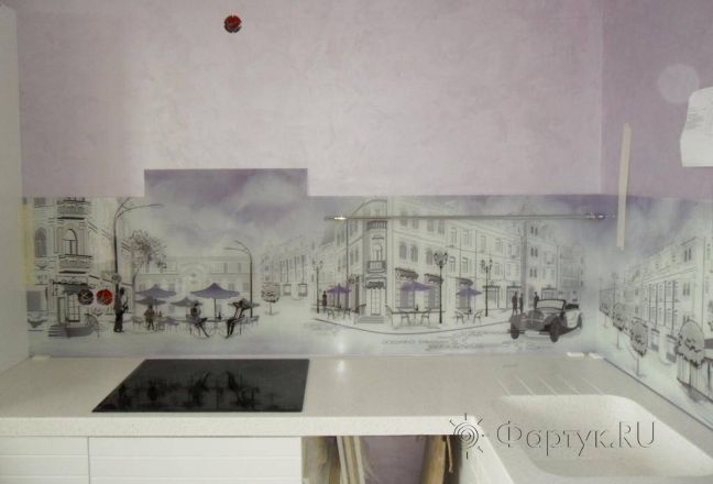 Фартук для кухни фото: французские улочки с фиолетовым небом., заказ #SN-165, Белая кухня. Изображение 110834