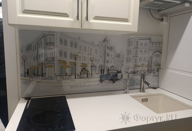 Фартук для кухни фото: французские улочки с серыми автомобилями, заказ #ИНУТ-17329, Белая кухня.