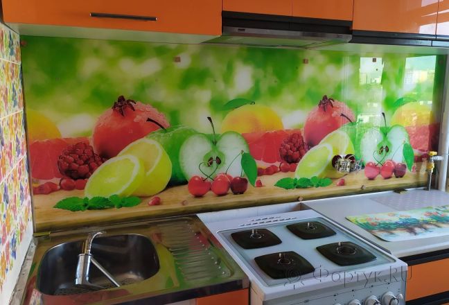 Фартук стекло фото: фрукты, заказ #ИНУТ-4816, Оранжевая кухня.