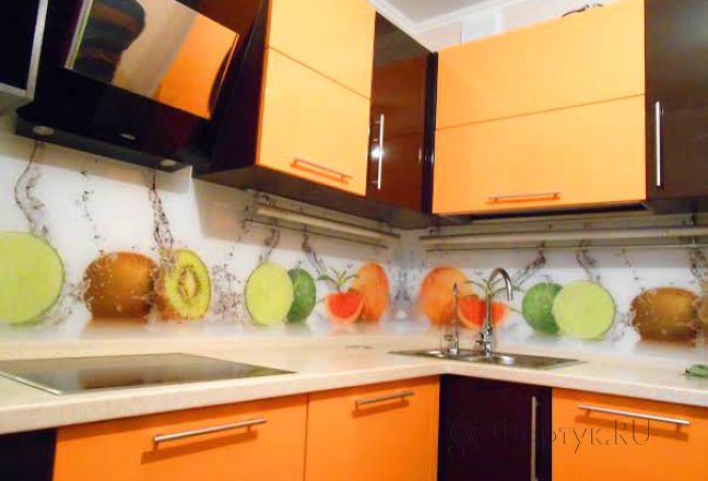 Фартук стекло фото: фрукты и струи воды., заказ #SK-1108, Оранжевая кухня.