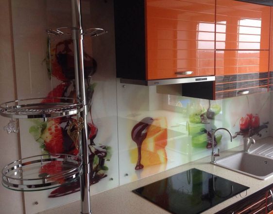 Фартук стекло фото: фрукты в шоколаде., заказ #S-1257, Оранжевая кухня.