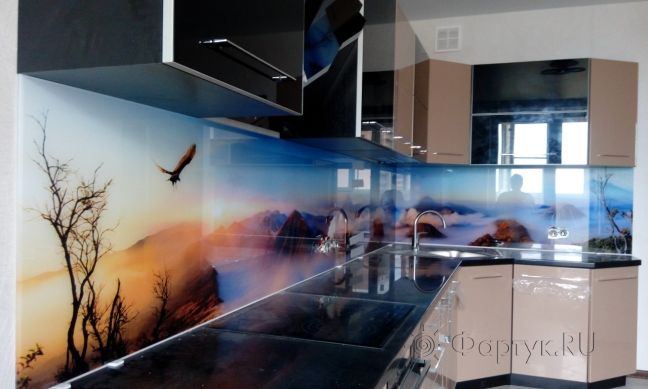 Фартук с фотопечатью фото: гейзеры и чистое небо, заказ #ГМУт-177, Коричневая кухня.