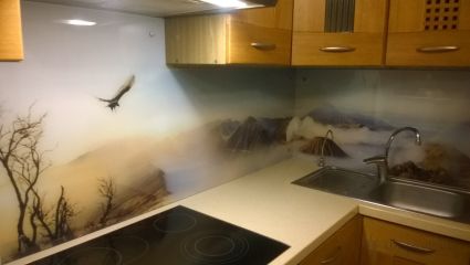 Фартук с фотопечатью фото: гейзеры и чистое небо, заказ #ИНУТ-1106, Коричневая кухня.